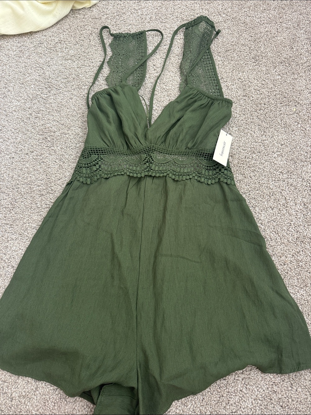 Francesca's Collections Olive Green Lace-Trim Romper